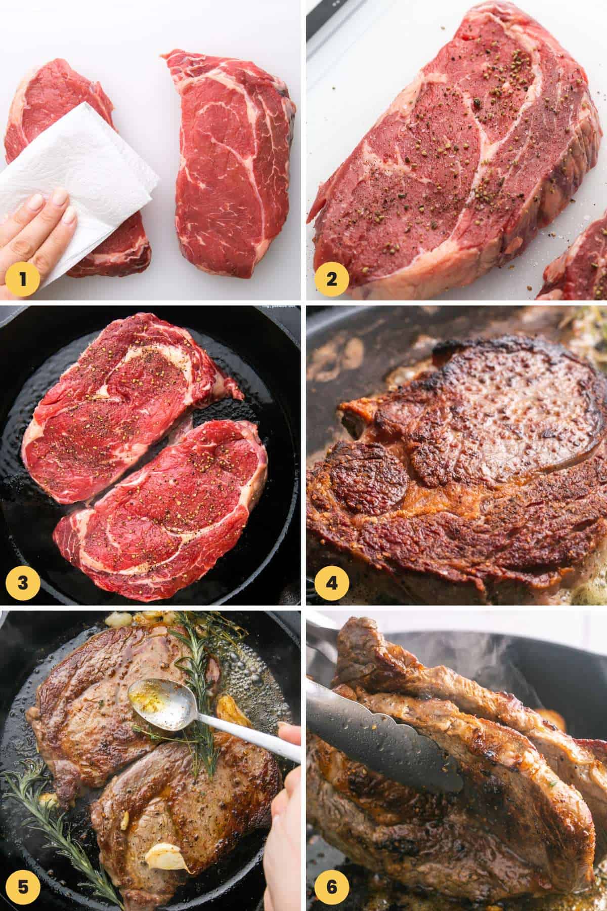 a collage of six images showing how to pan sear steak.