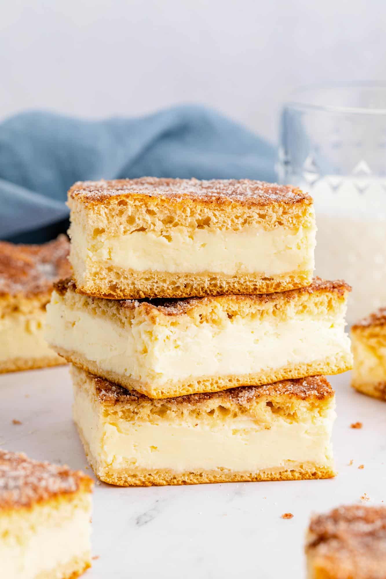 Three sopapilla bars stacked on top of each other. 