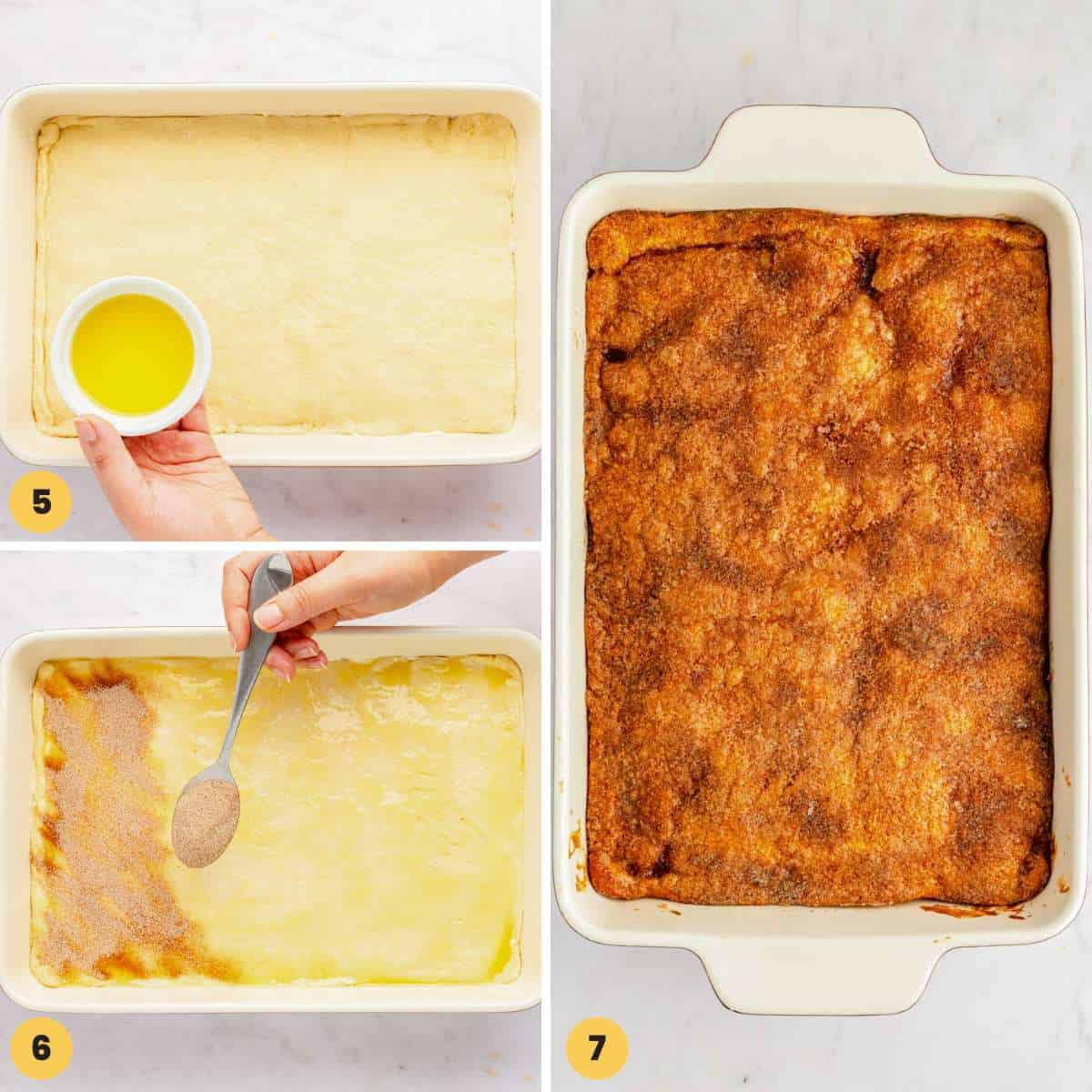 a collage of images showing how to layer and bake sopapilla cheesecake with crescent roll dough and cinnamon sugar on top