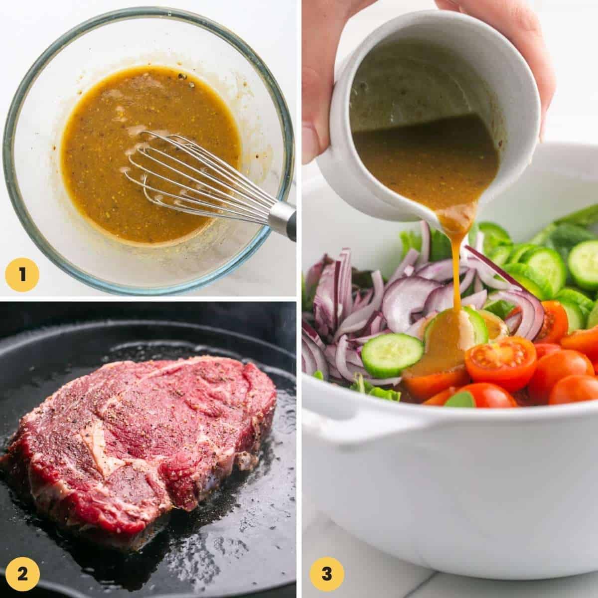 a collage of three images showing the steps to make steak salad