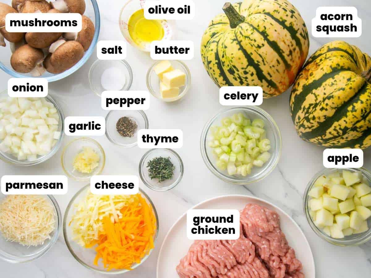 Ingredients needed to make stuffed acorn squash including acorn squash, ground chicken, cheese, mushrooms, celery, onion, garlic, apple, and fresh herbs.