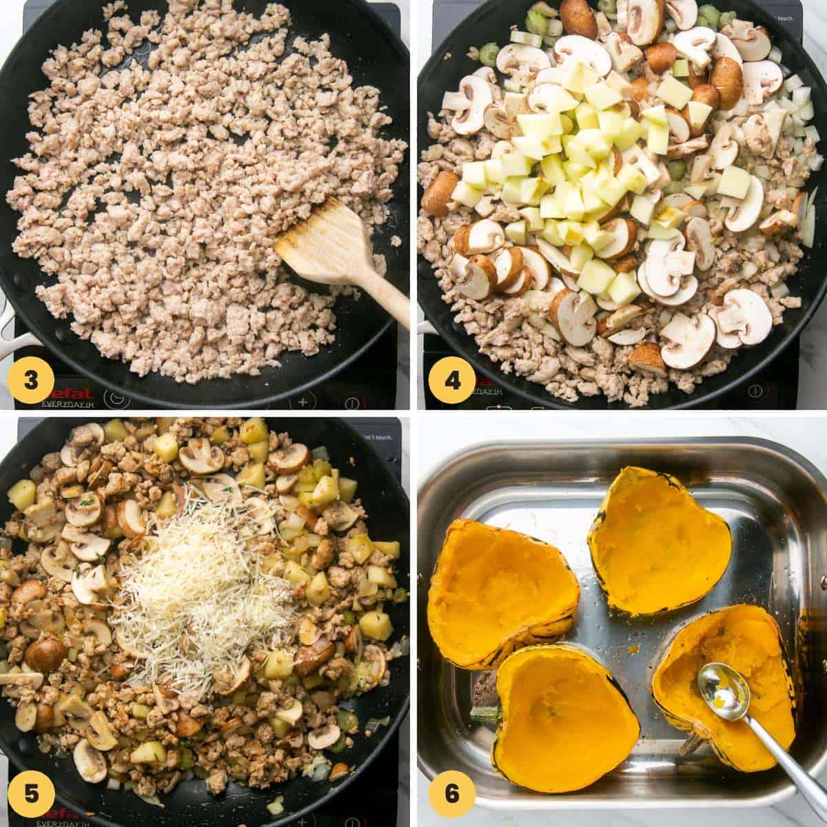 Collage of four images showing how to brown ground chicken, then add the rest of the filling ingredients. And how to scoop out the flesh from roasted acorn squash halves.