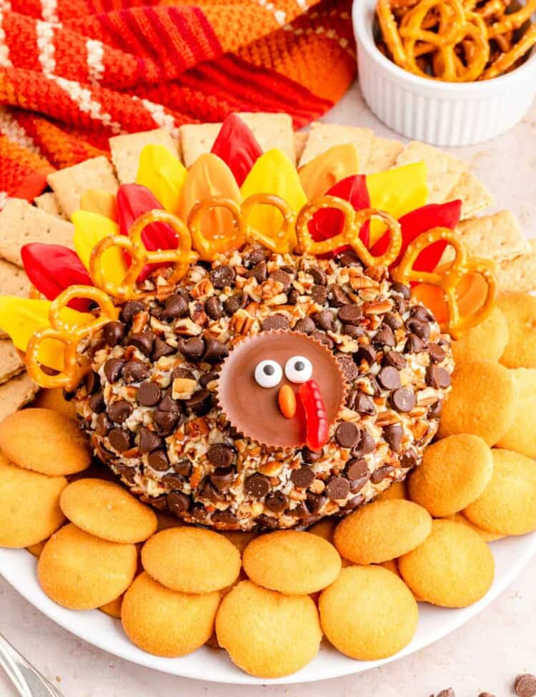 a dessert cheese ball shaped like a turkey with preze and candy melt feathers and a face made from a reeses cup