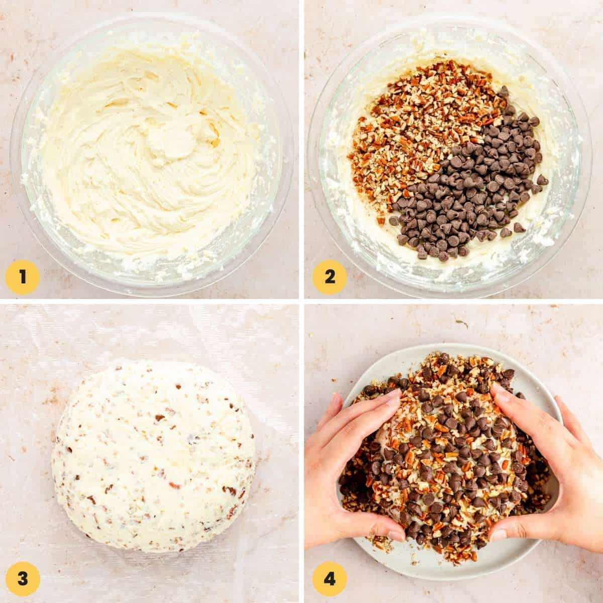 a collage of four images showing how to make a chocolate chip cheese ball with pecans