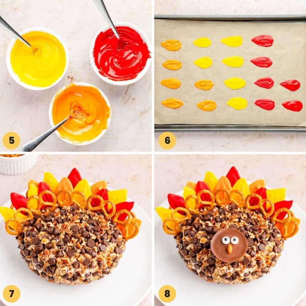 a collage of four images showing how to decorate a cheese ball like a turkey