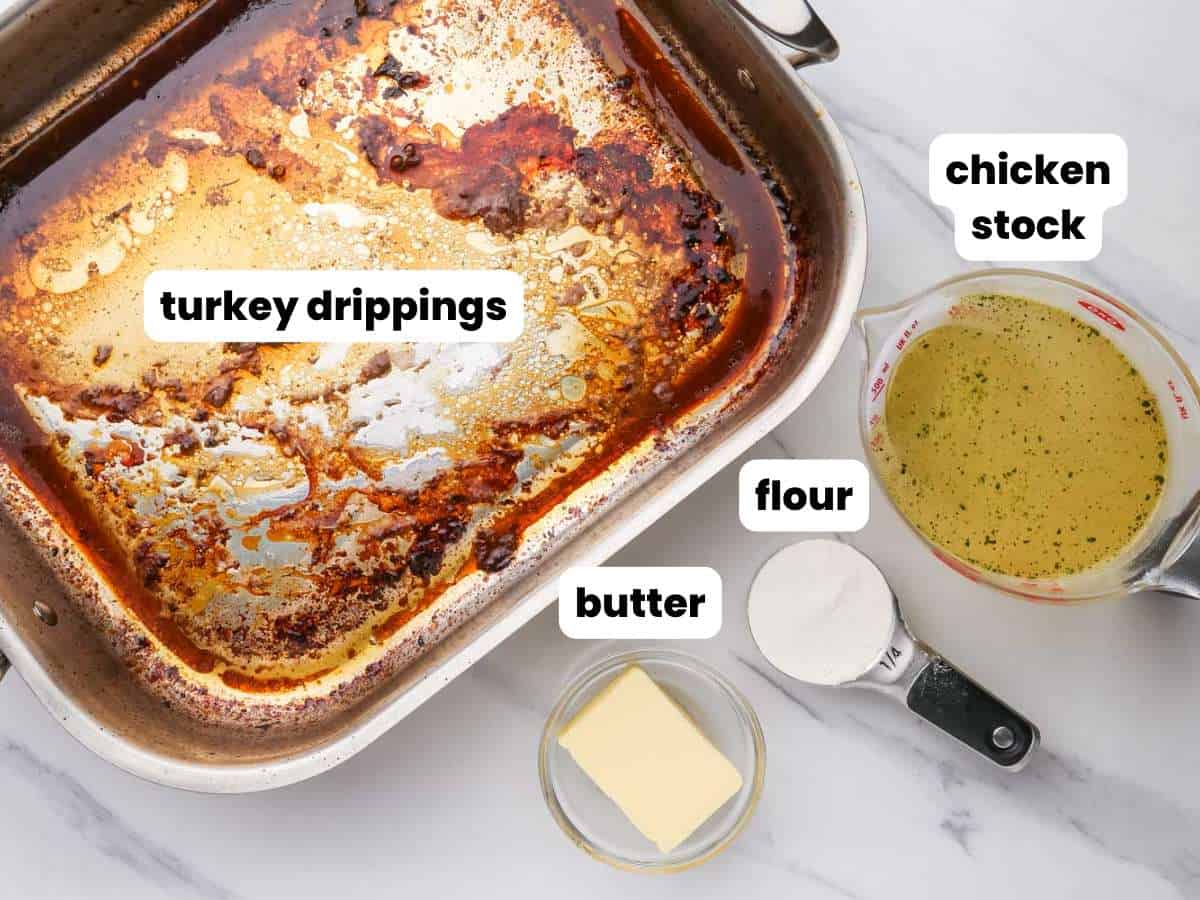 A pan filled with turkey drippings, a cup of chicken stock, a measuring cup of flour, and a small bowl of butter. Each ingredient for turkey gravy is labeled.