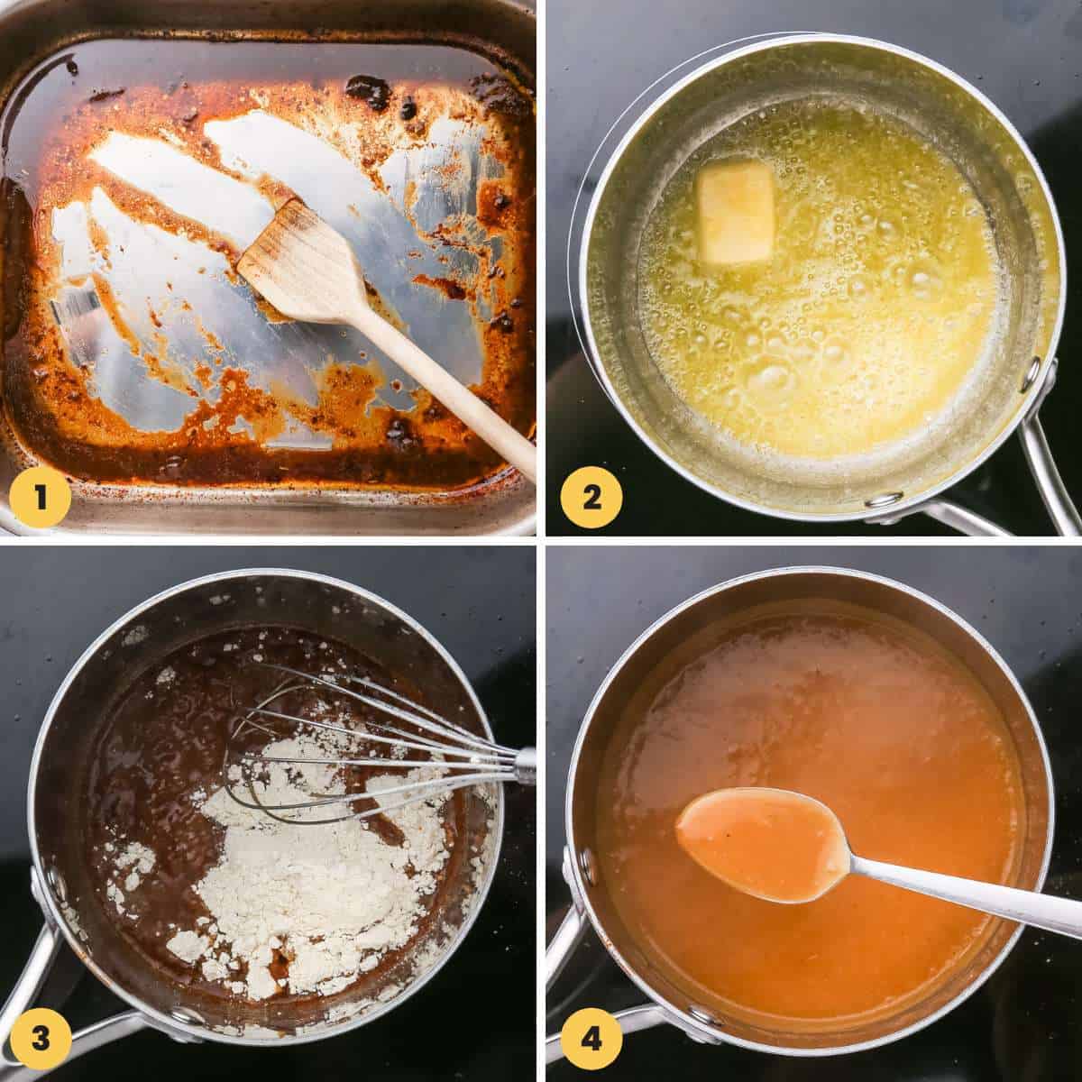 A collage of four images showing how to make turkey pan gravy