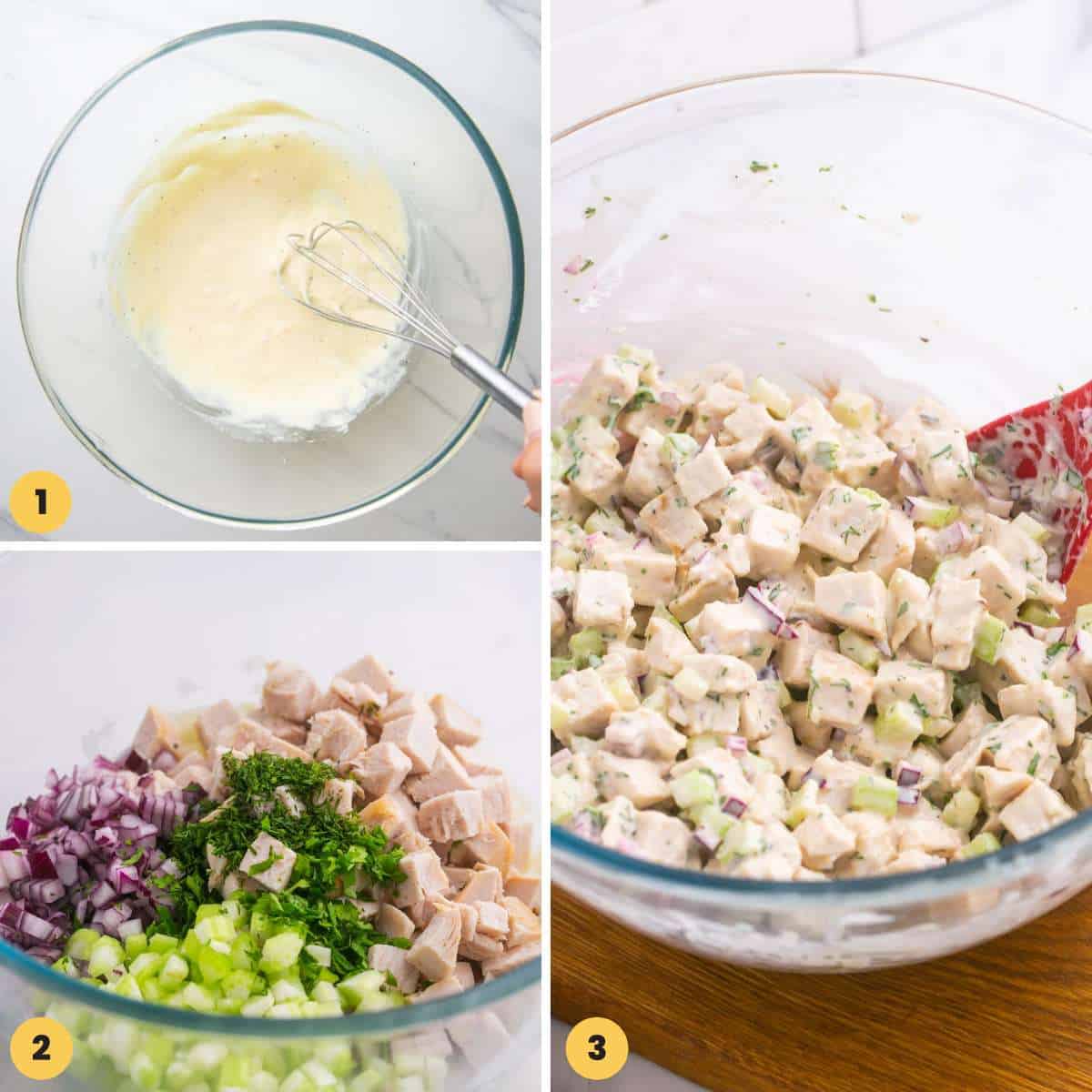 Collage of 3 images showing how to make turkey salad