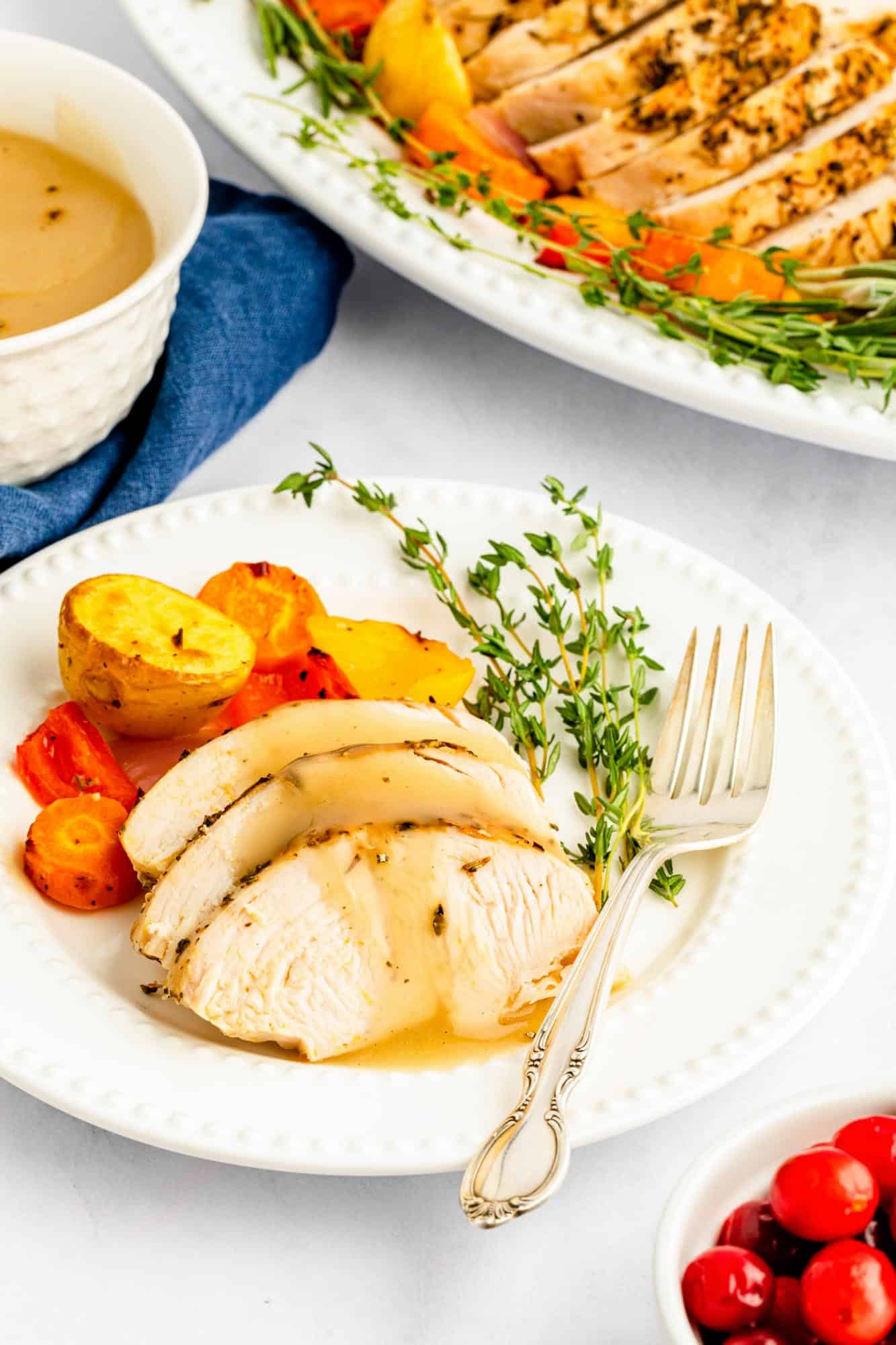 Slices of roast turkey tenderloin served on a small white plate with gravy and roasted vegetables