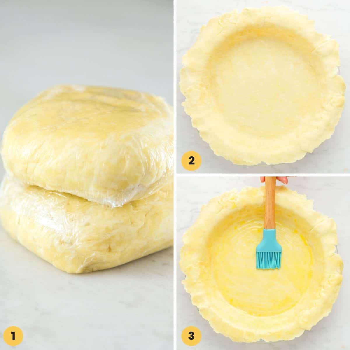 a collage of three images showing how to make the bottom crust for apple pie.