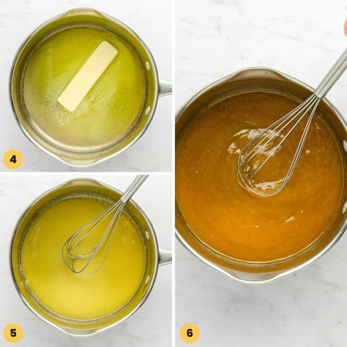 three numbered images in a collage showing how to make a caramel sauce for apple pie filling