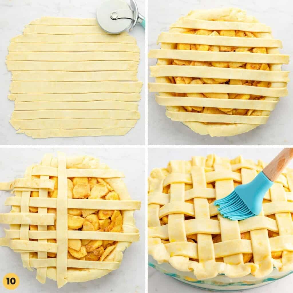 a collage of four images showing how to make a lattice top on an apple pie