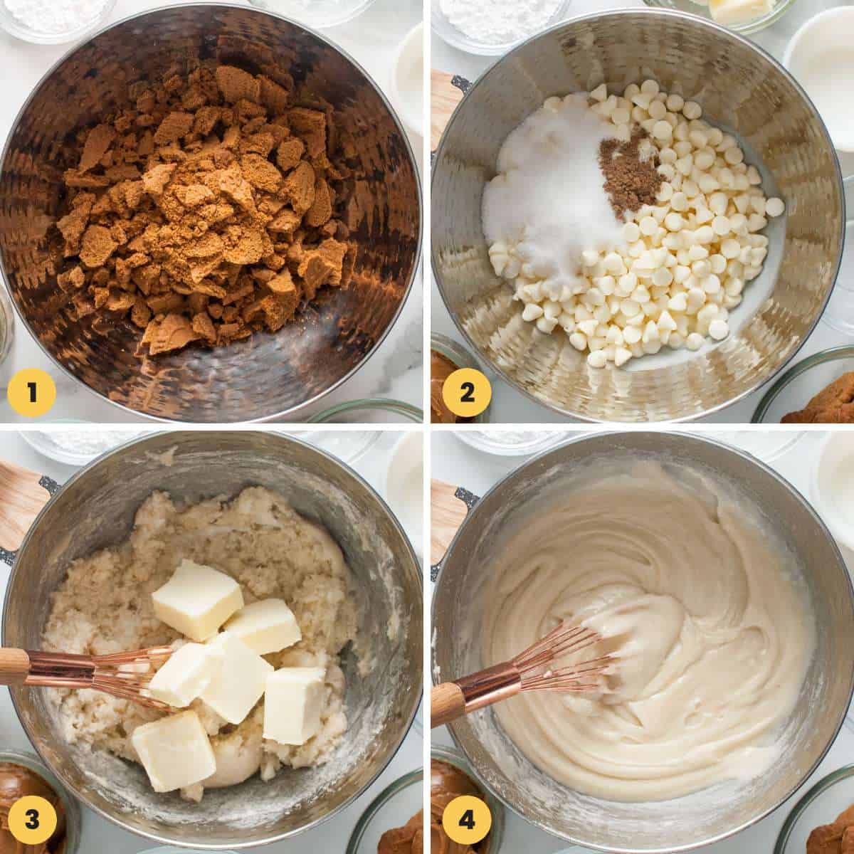 A collage of four images showing how to mix the ingredients to make chocolate salami.