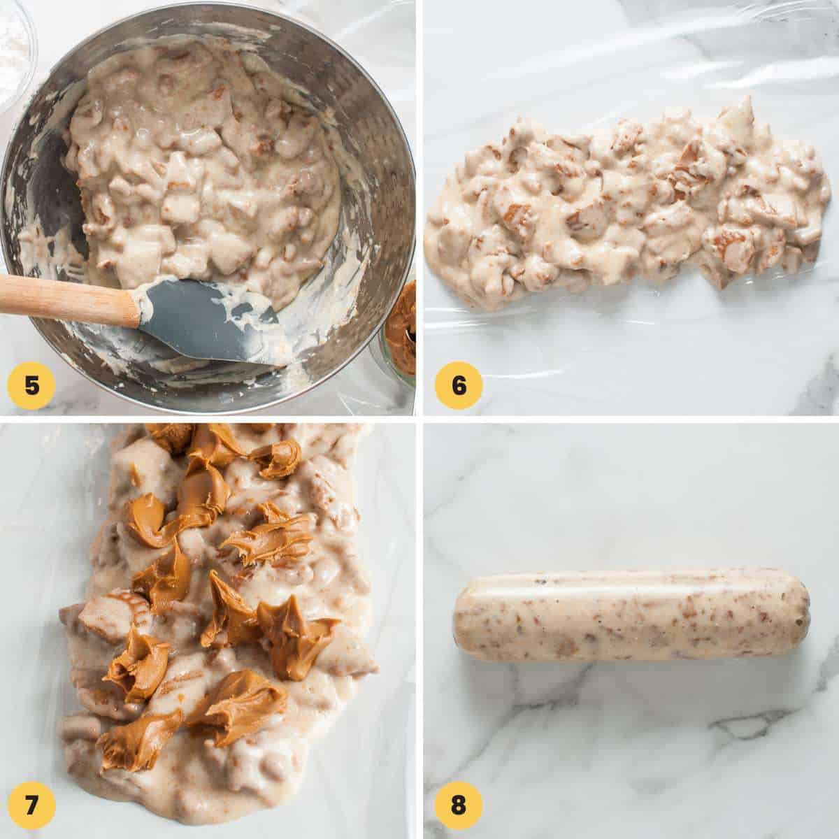 A collage of four images showing how to shape white chocolate and biscoff into a salami roll with plastic wrap.