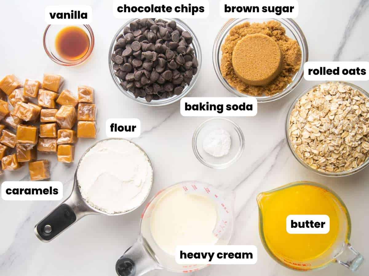 The ingredients needed to make carmelitas, all in separate bowls on a marble counter. each ingredient is labled with a white text box.