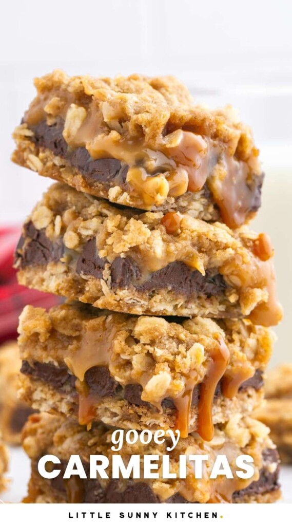 a stack of carmelitas, dripping with melted caramel. Text at bottom of image says "gooey carmelitas"