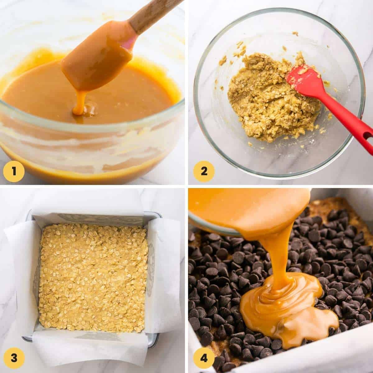 a collage of four images showing how to make oatmeal bars with caramel and chocolate chips