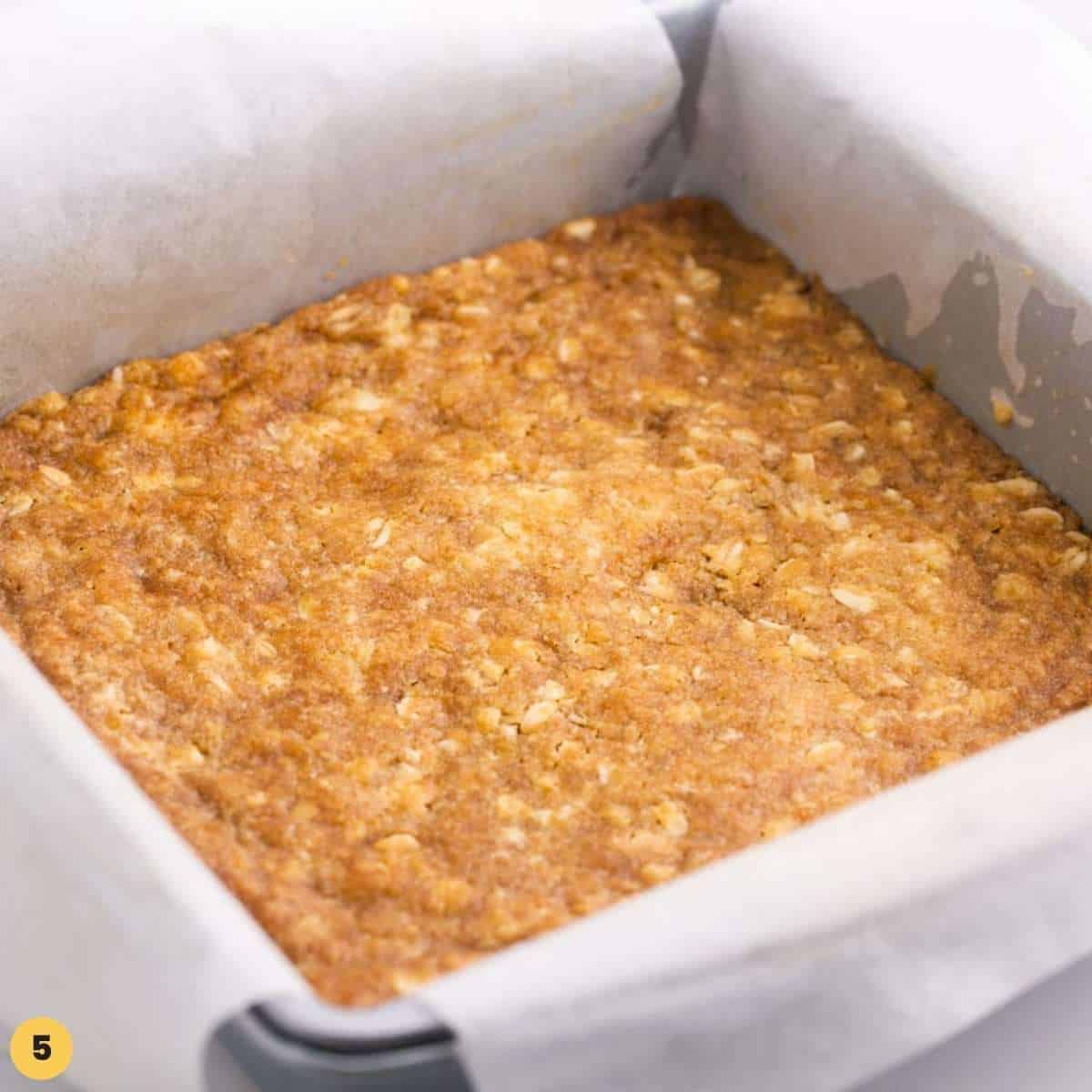 baked carmelitas oatmeal bars before the caramel and chocolate are added.