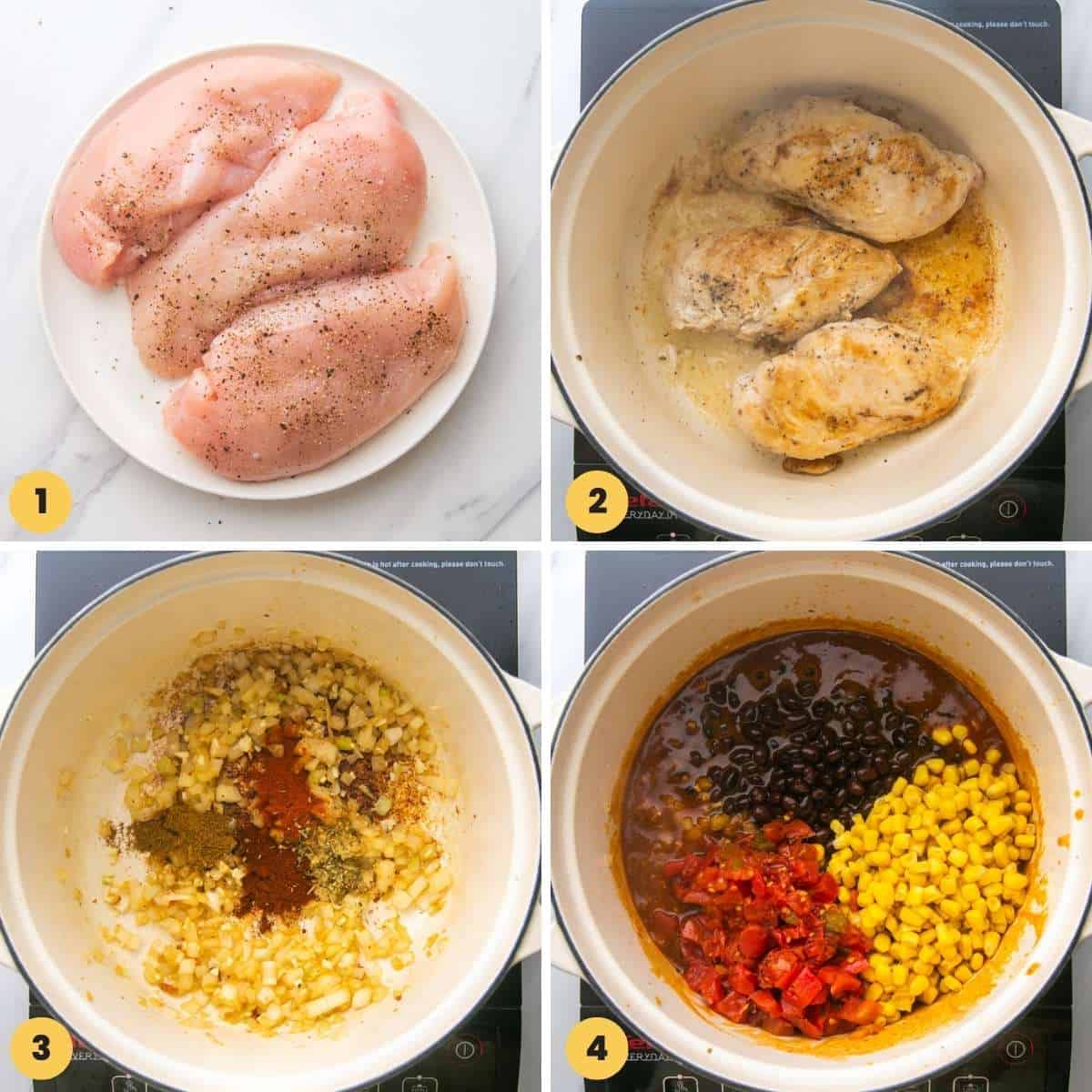 a collage of four numbered images showing how to cook chicken and fill a pot to make chicken enchilada soup