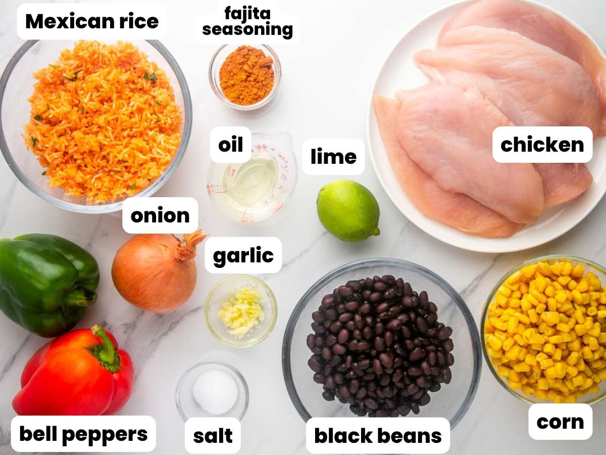 Pictured are the ingredients needed to make a chicken fajita bowl, including chicken breasts, beans, rice, vegetables, and seasonings. Each ingredient is labeled with a text box.
