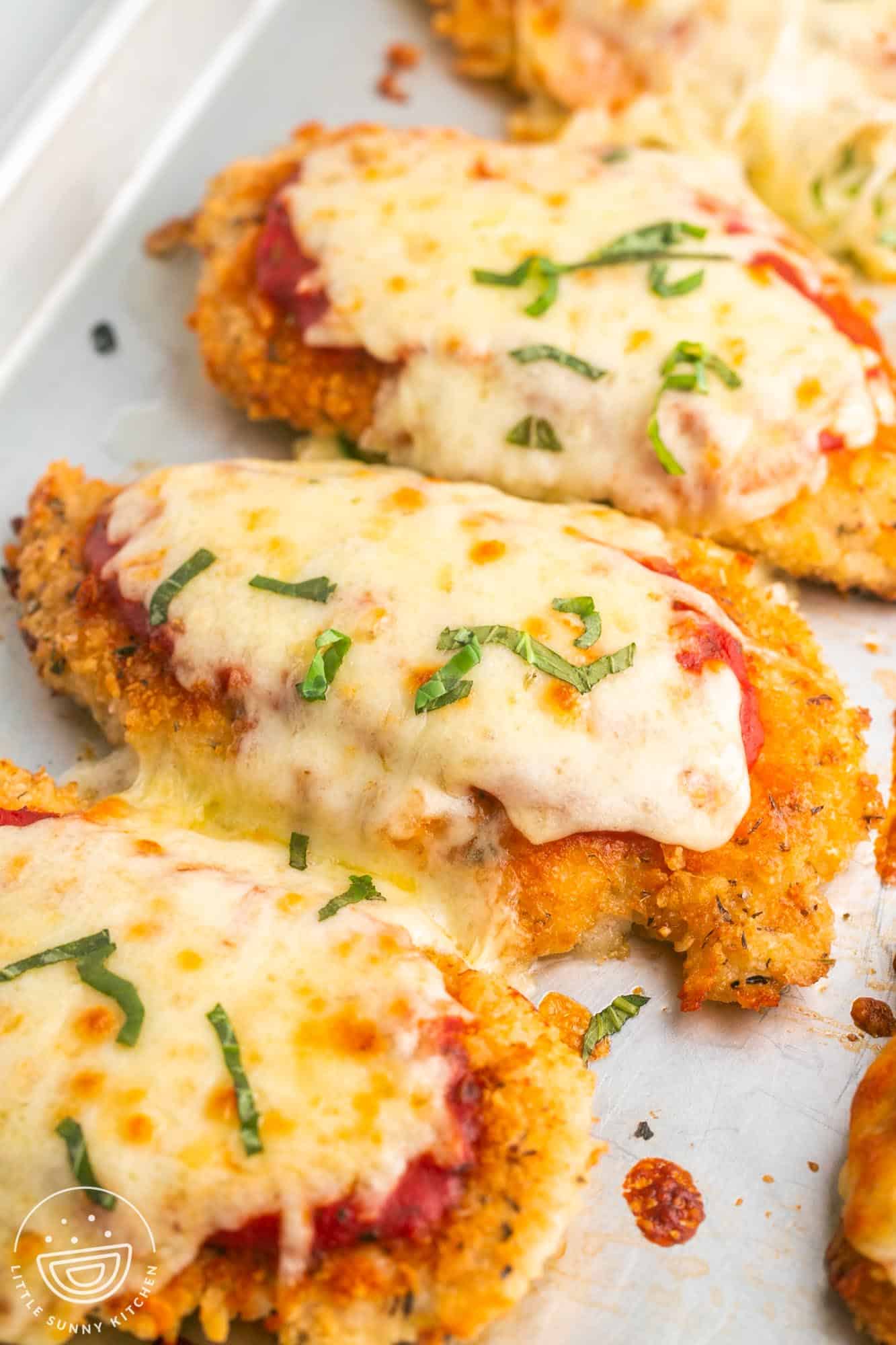 Four chicken parm cutlets lined up on a silver sheet pan.