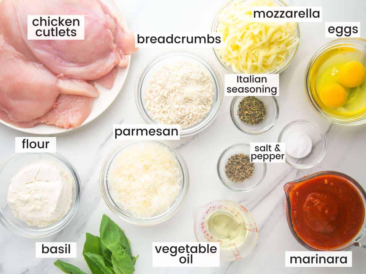 all of the ingredients in chicken parmesan, measured into small bowls and arranged on a counter. Text boxes are labeling each image.