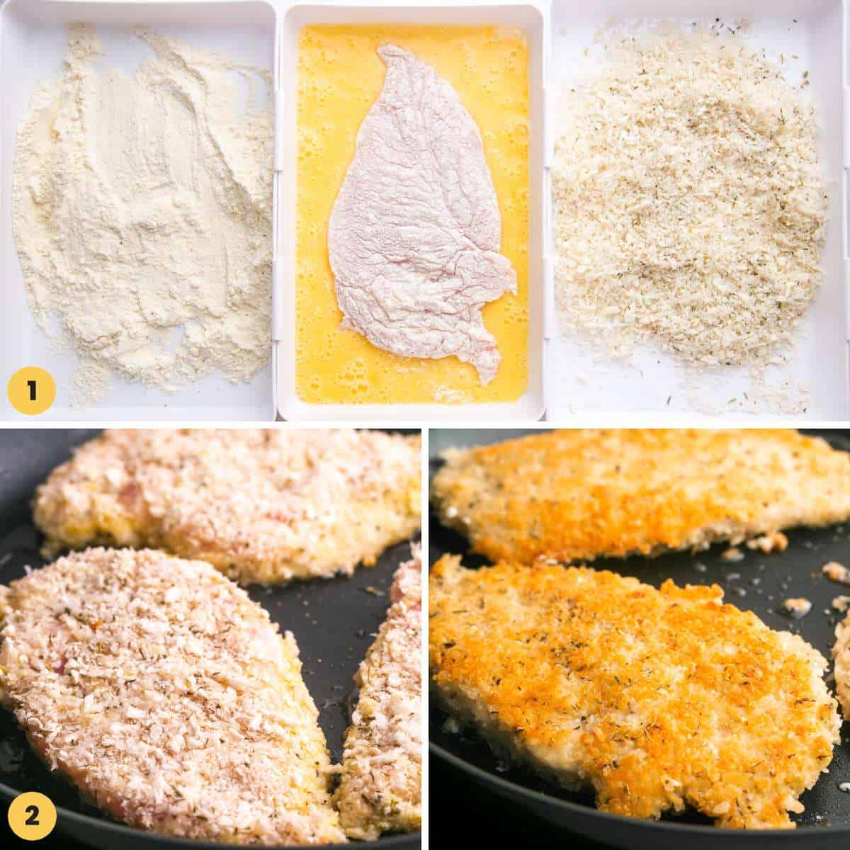 A collage of 3 images showing how to set up a breading station, bread chicken cutlets, and fry chicken cutlets.