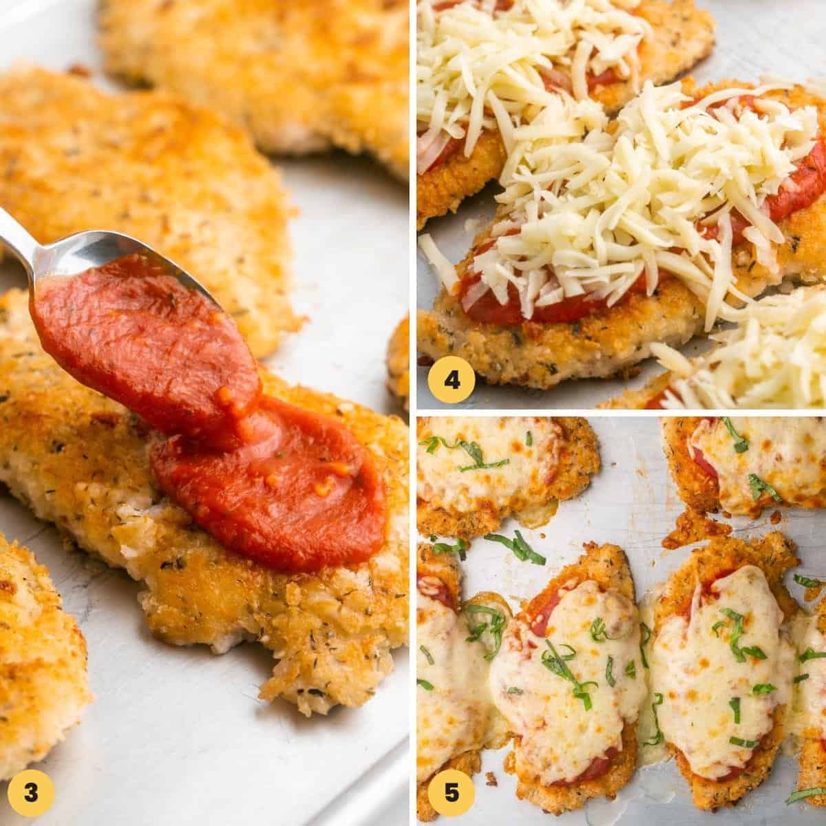 A collage of three images showing how to sauce chicken cutlets to make chicken parmesan in the oven.