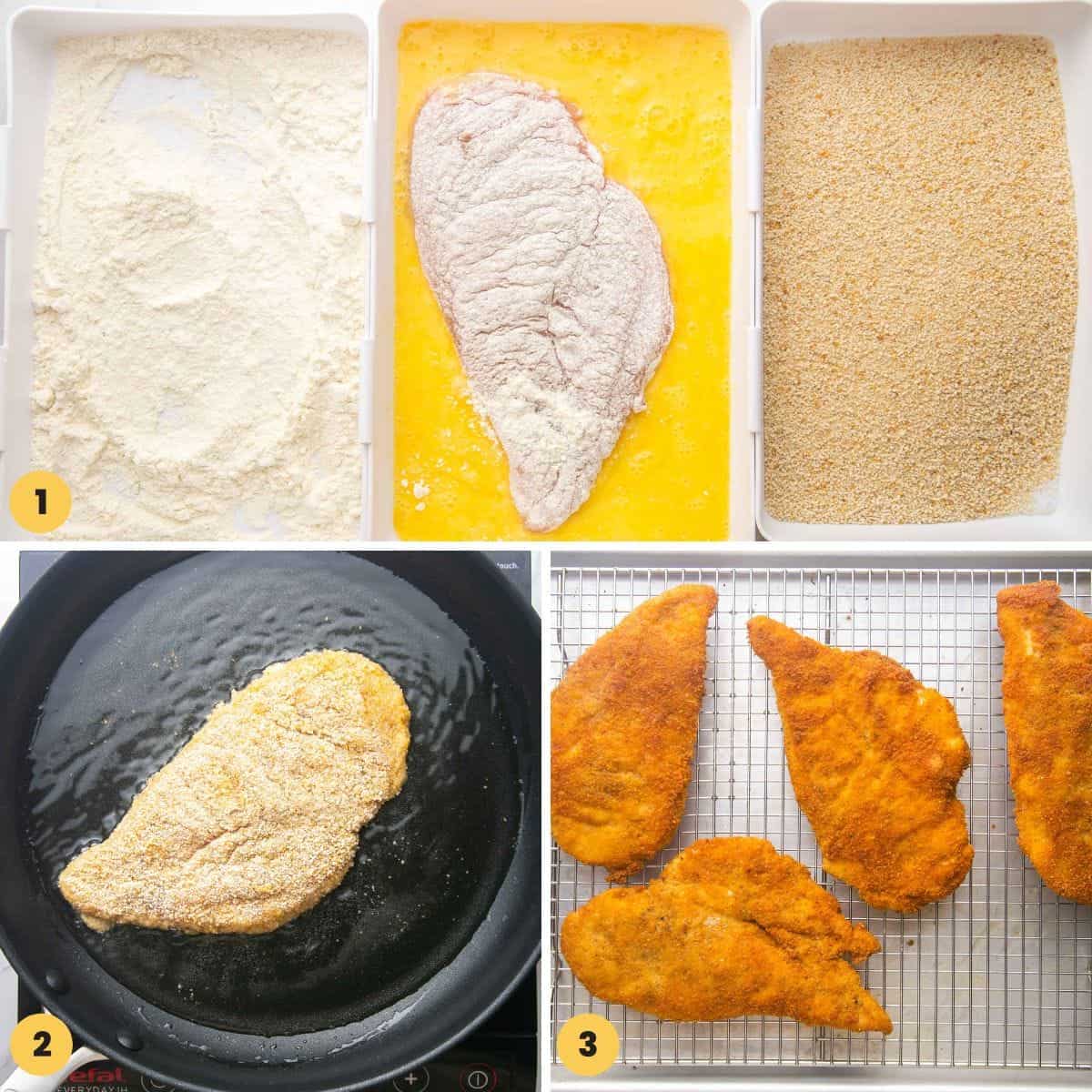 Collage of 3 images showing how to make chicken schnitzel