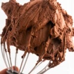 Chocolate buttercream on a whisk attachment