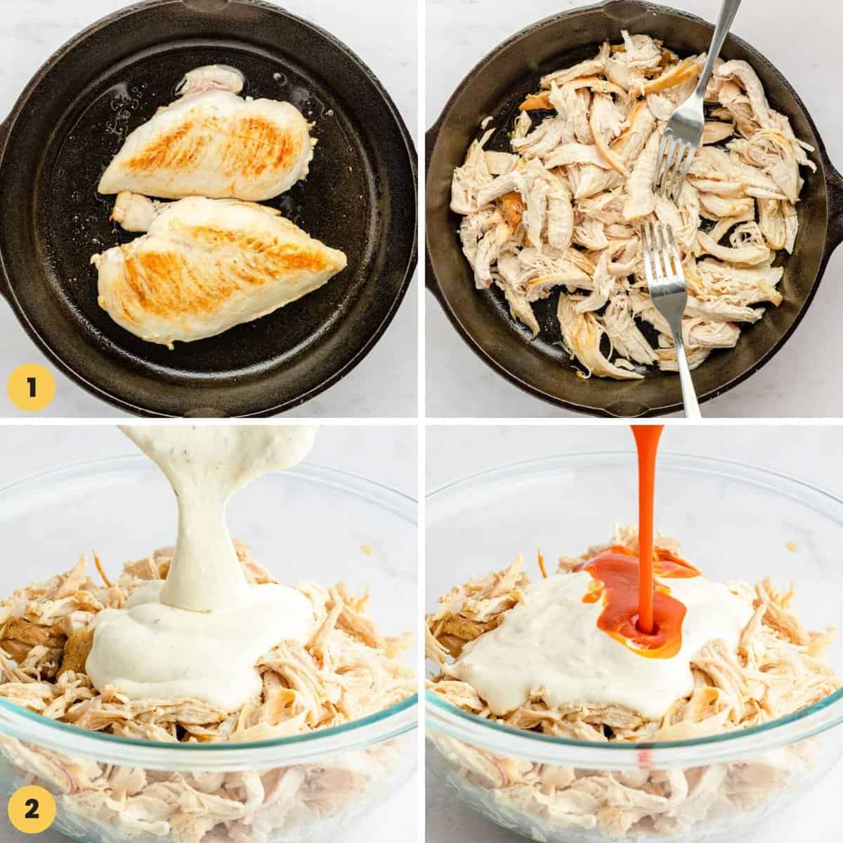 a collage of images showing the easy way to cook buffalo shredded chicken for sliders.