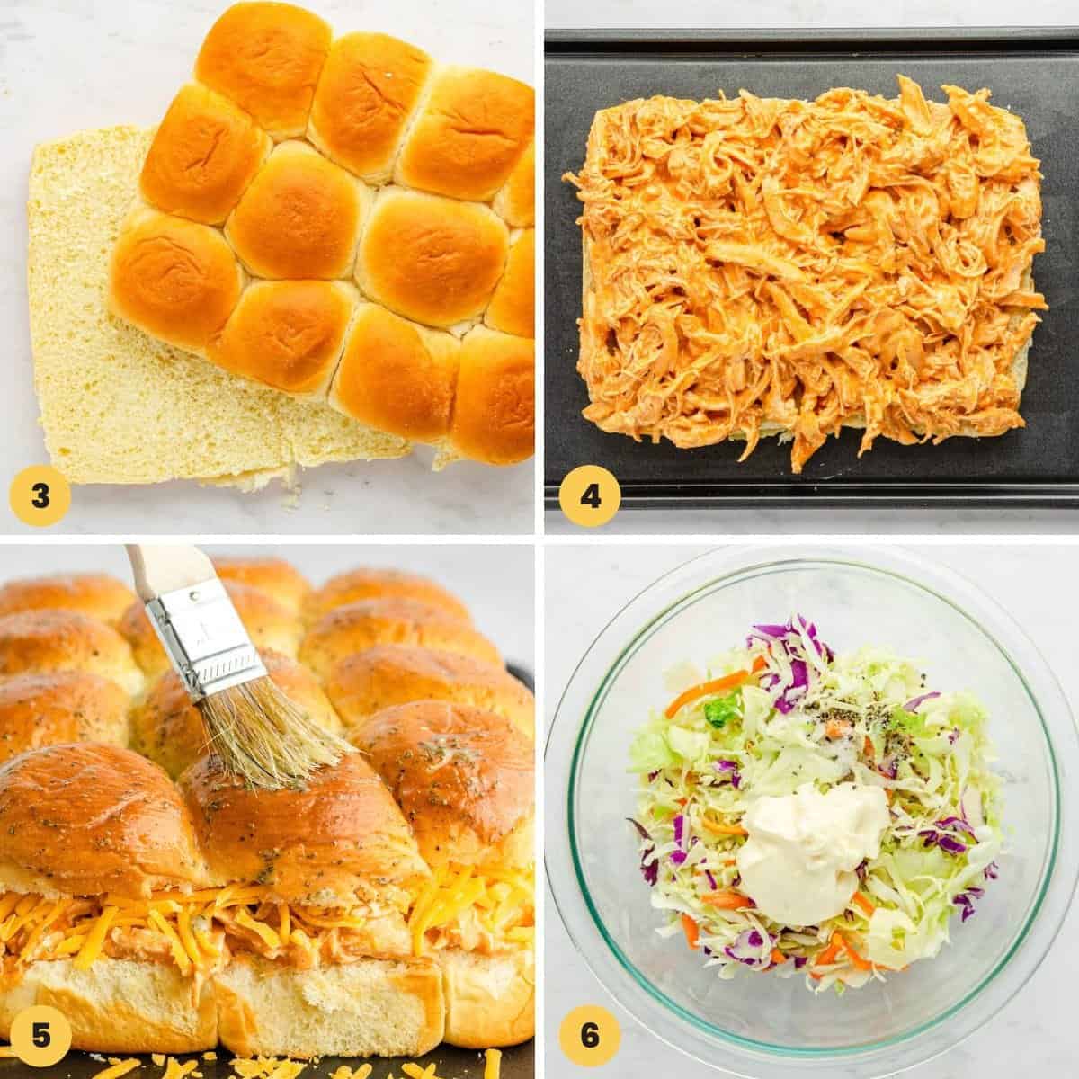 A collage of images showing how to assemble buffalo chicken sandwiches on mini hawaiian rolls.