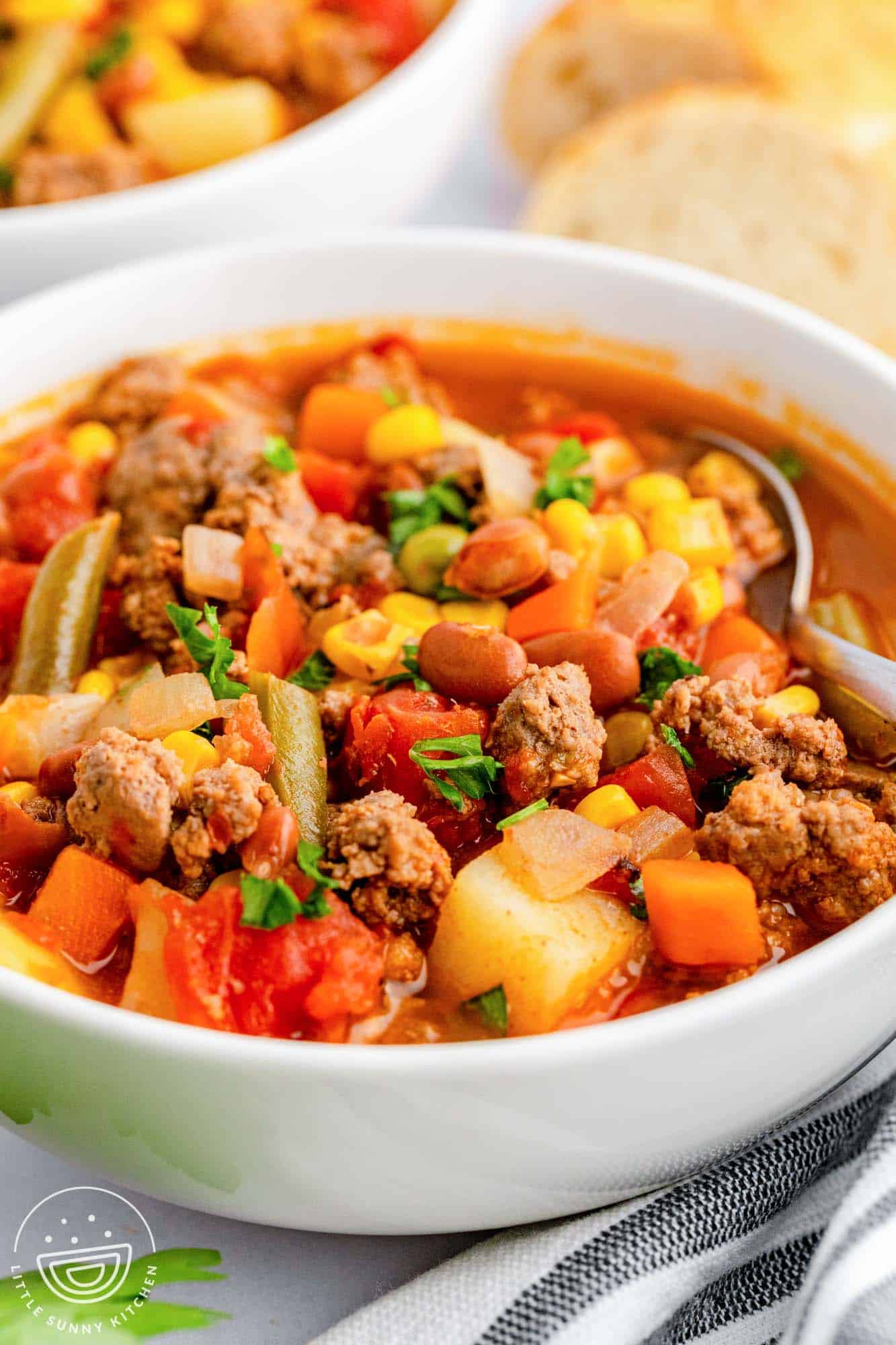 a bowl of ground beef soup with potatoes, beans, and vegetables.