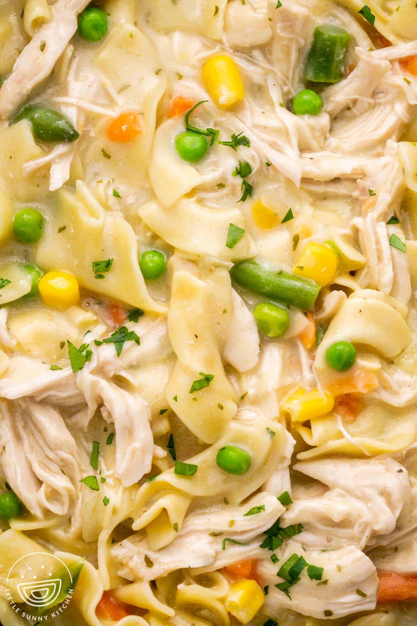 Closeup shot of egg noodles with shredded chicken, mixed veggies, in a creamy sauce, garnished with parsley.