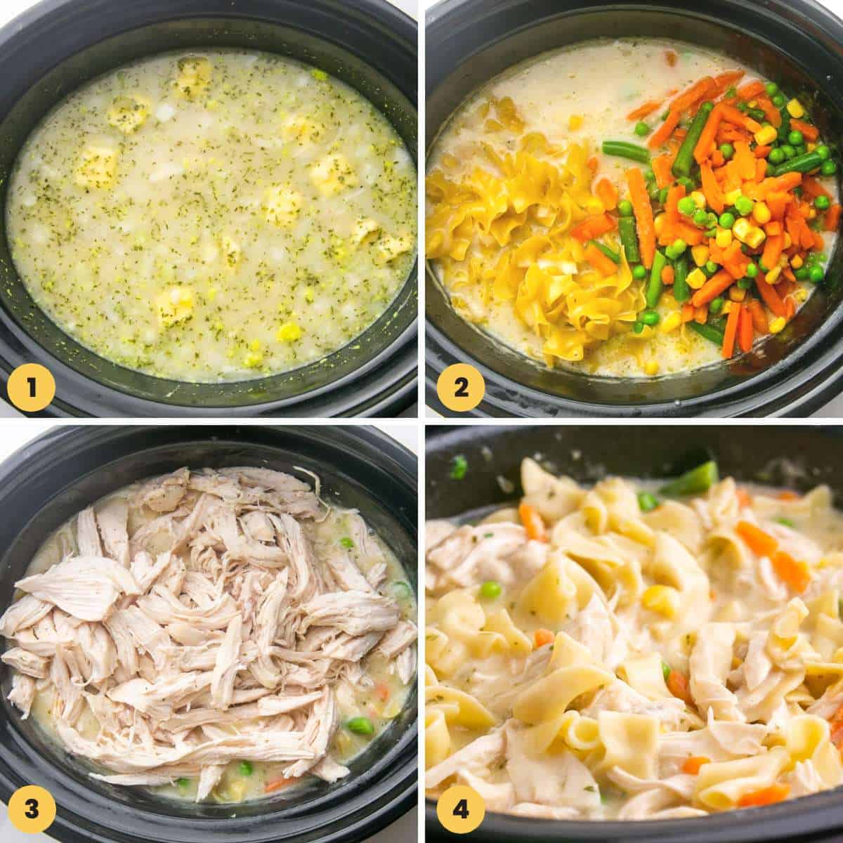 A collage of four images showing how to make crockpot chicken and noodles in a slow cooker.