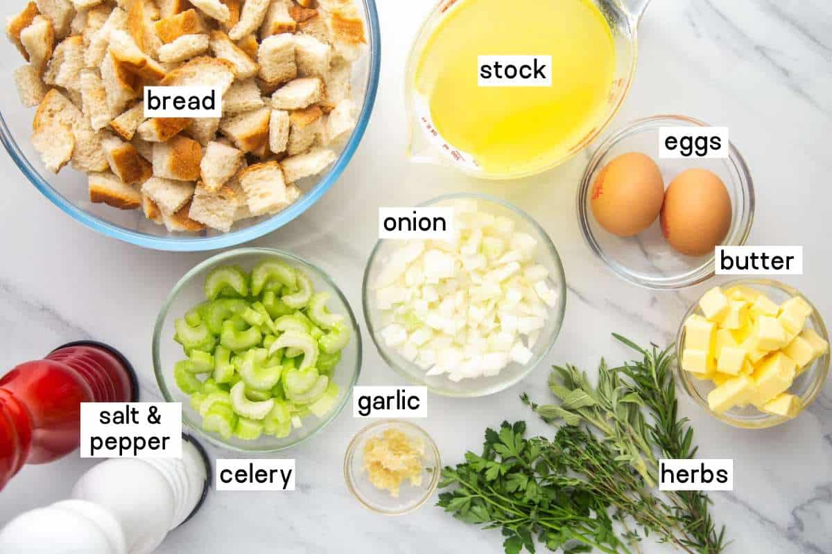 Ingredients needed for making thanksgiving stuffing in the crockpot