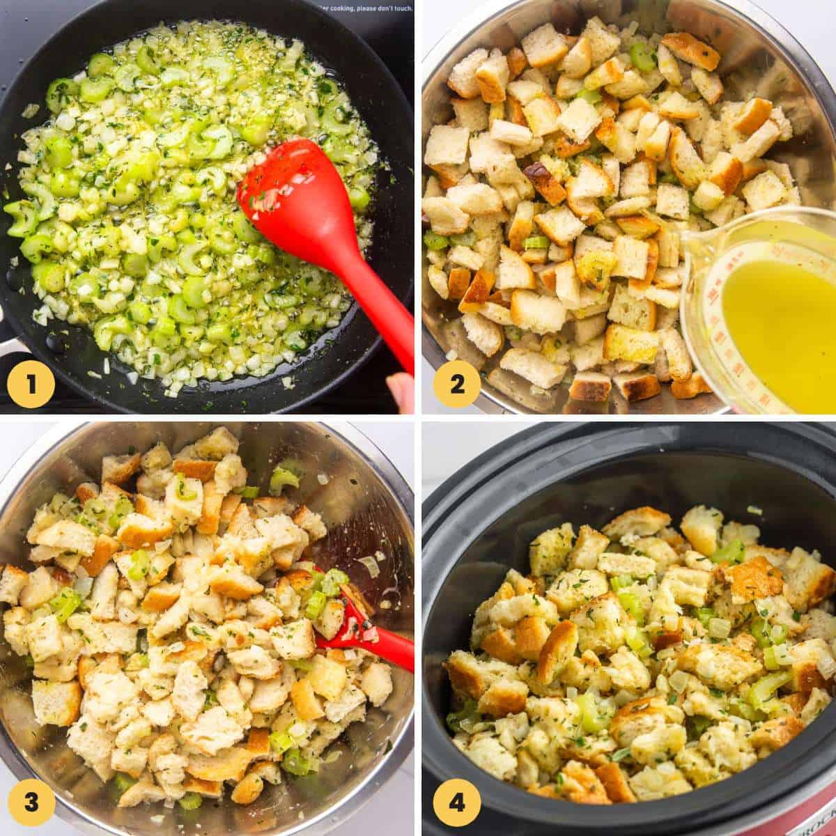 Collage of four images showing how to make stuffing in the slow cooker