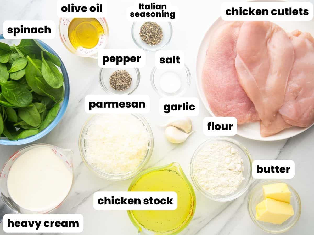 The ingredients in chicken florentine all in small bowls, arranged on a counter. Each is labeled with an overlaid text box.