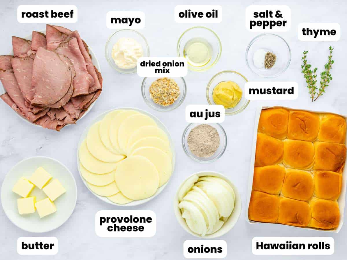 Ingredients, including sliced roast beef, provolone cheese, and hawaiian rolls, all layed out on the counter in separate bowls. Each ingredient for french dip sliders is labeled with a white text box overlay.