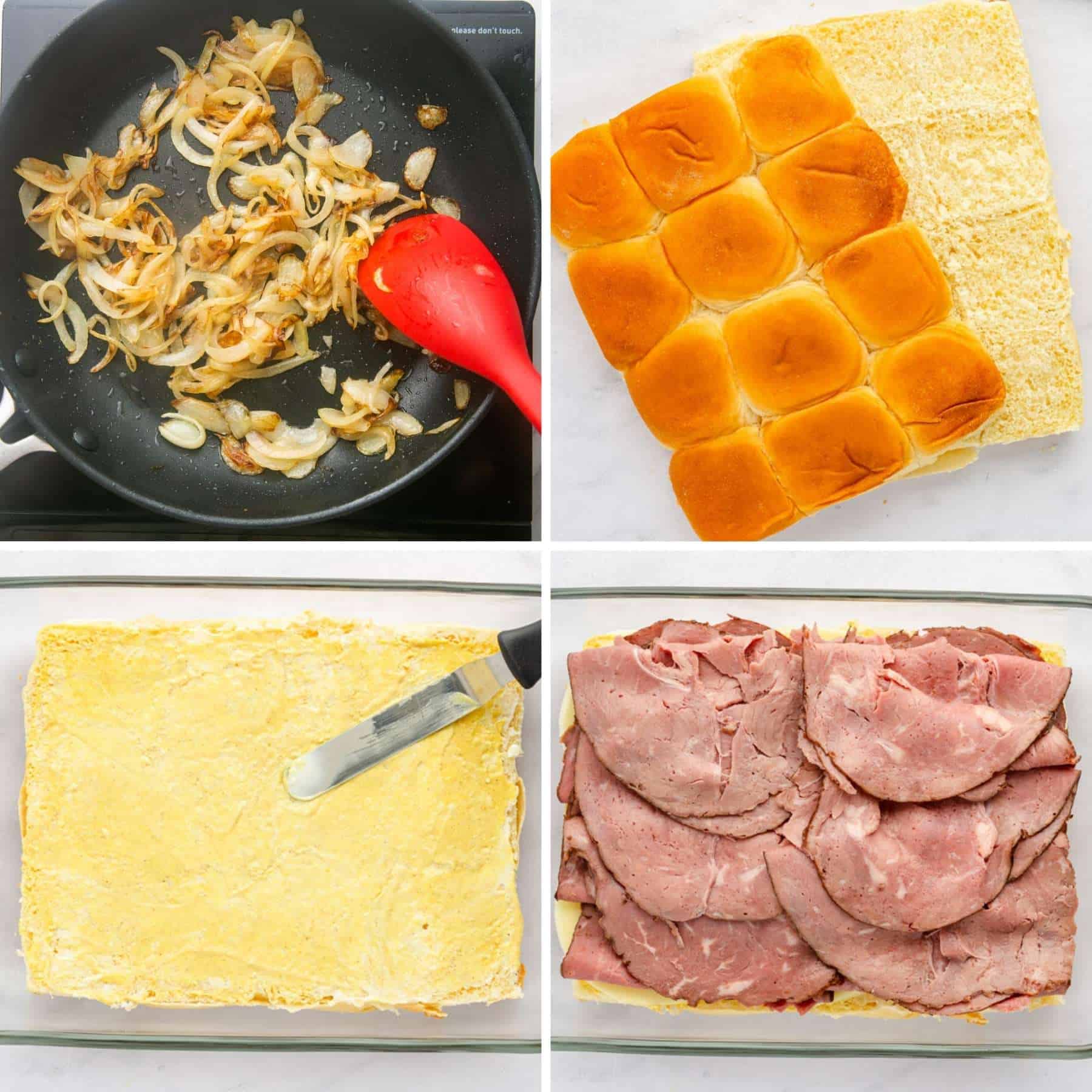 a collage of 4 images showing how to caramelize onions and layer roast beef onto hawaiian rolls
