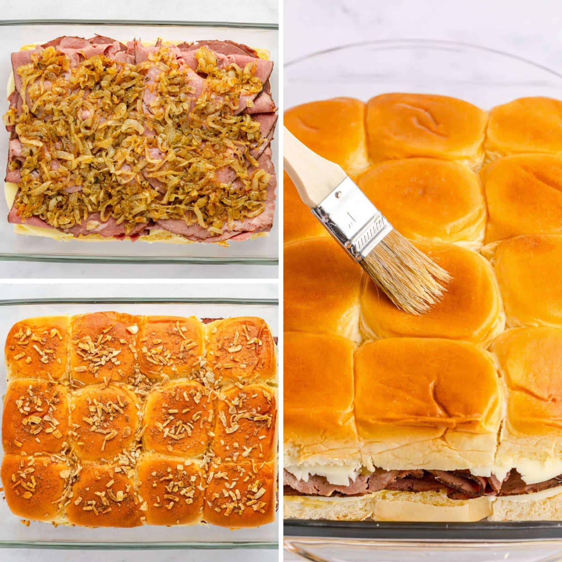 A collage of three images showing how to make french dip sliders with onions