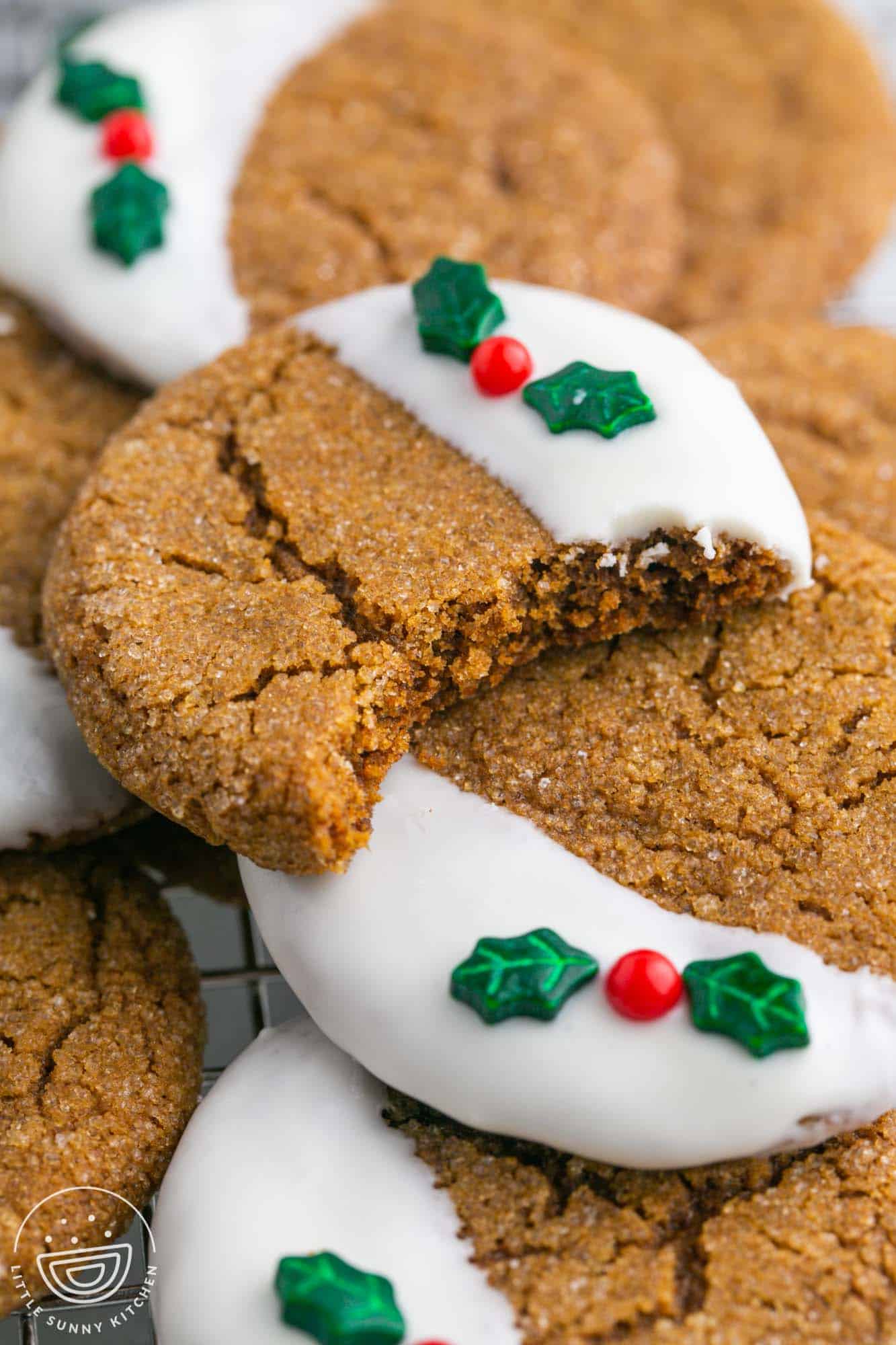 Decorated gingersnap cookies showing a bite shot