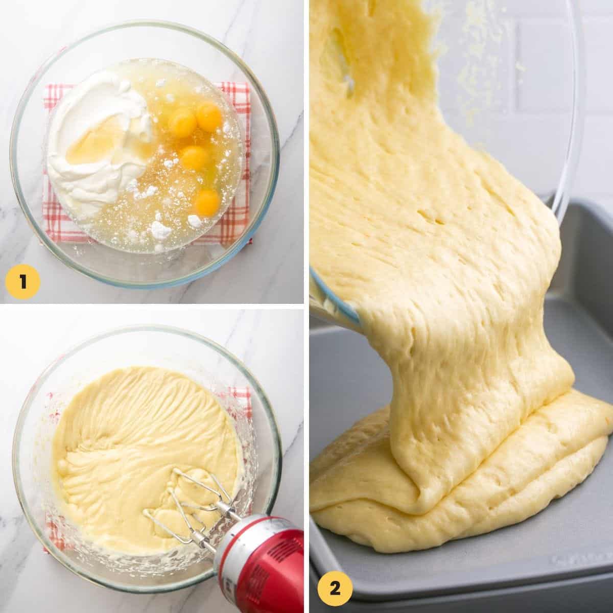 a collage of three numbered images showing how to mix honey bun cake from a boxed cake mix and pour it into a baking pan.