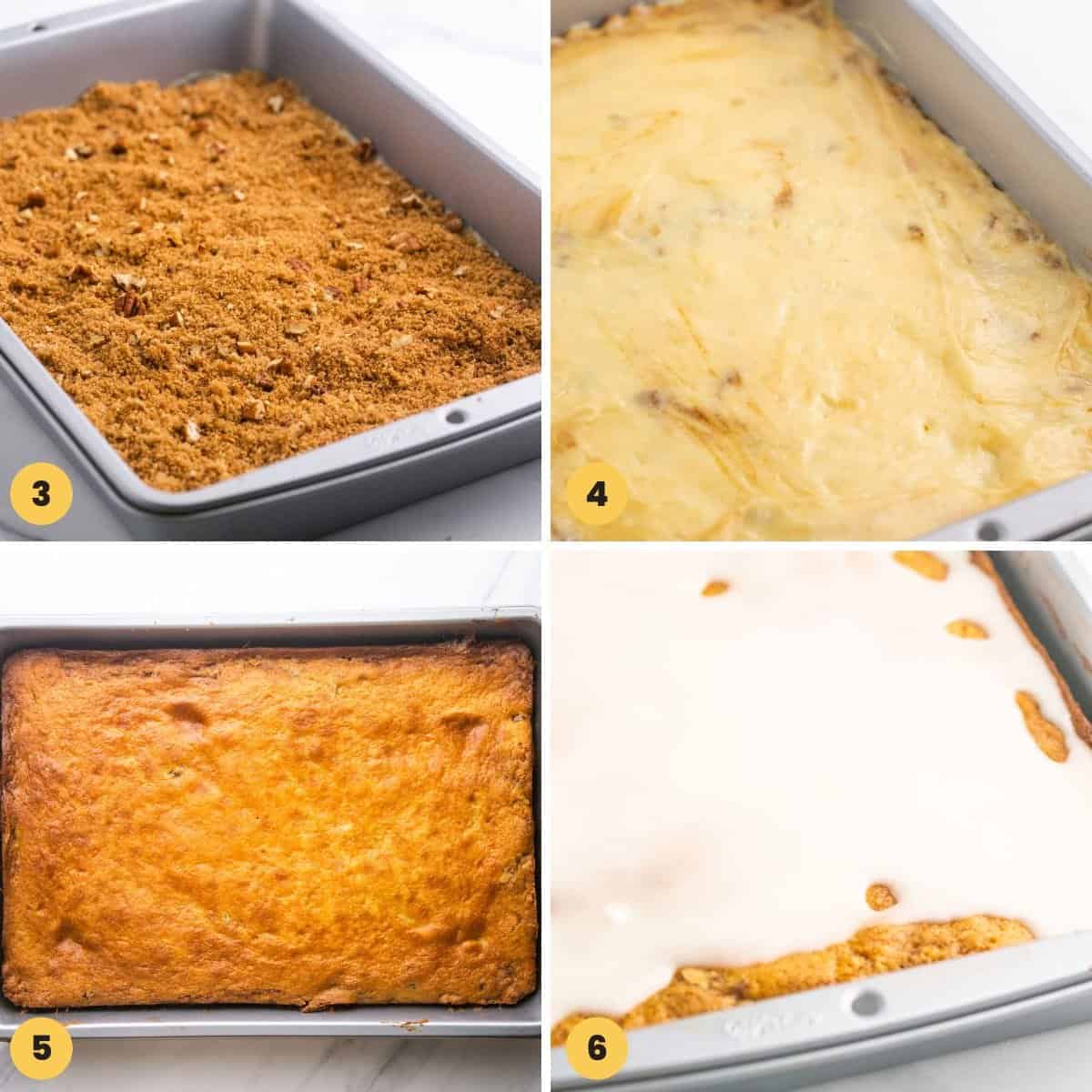 a collage of 4 numbered images showing how to layer and bake a honey bun cake.