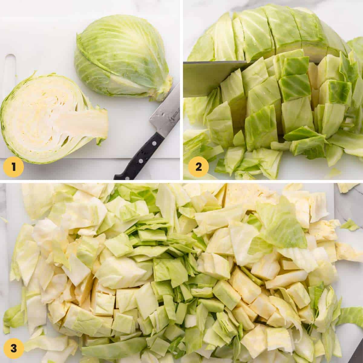 a collage of three images showing how to dice cabbage for soup.