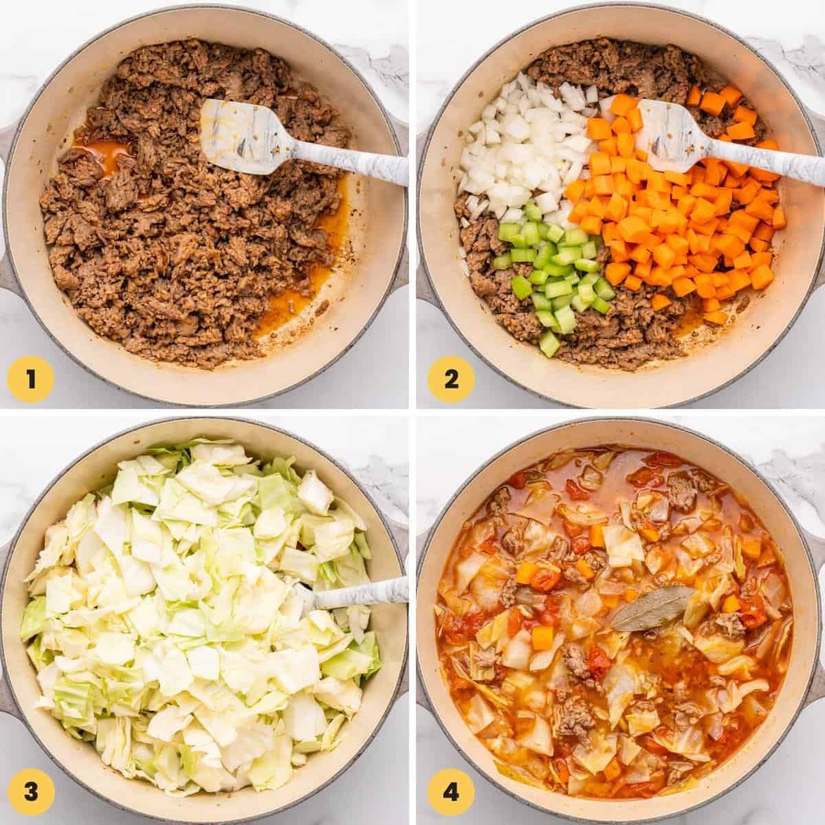 a collage of four numbered images that show how to make sausage and cabbage soup in a dutch oven. Images are taken from directly over the pot.