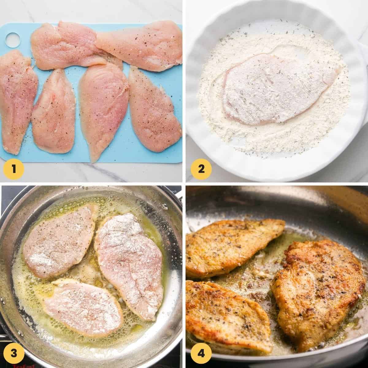 four numbered images showing how to make chicken florentine chicken in a skillet, lightly coated with flour. 