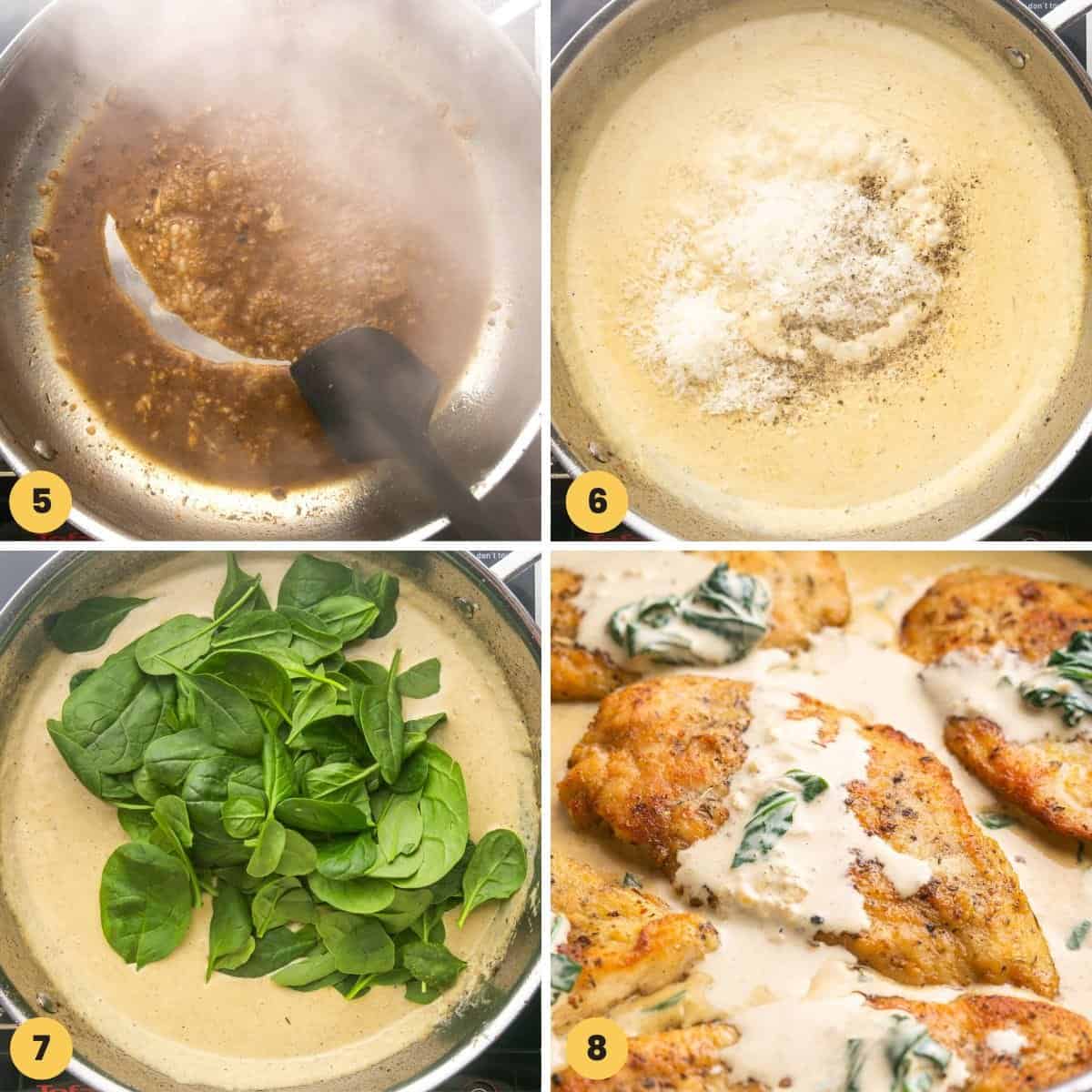 four numbered images showing how to make florentine sauce with spinach for chicken