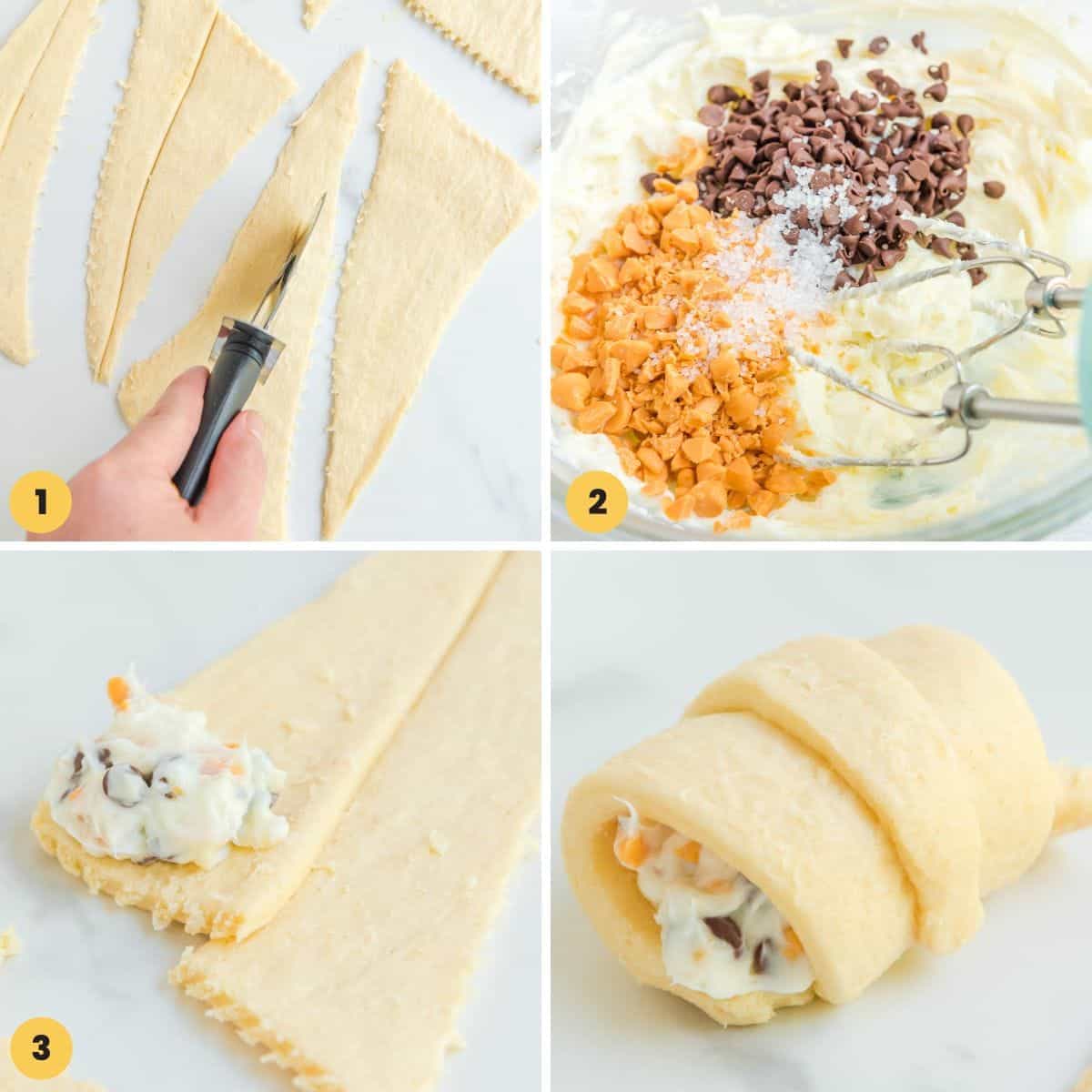 Collage of four images showing how to make dessert crescent rolls