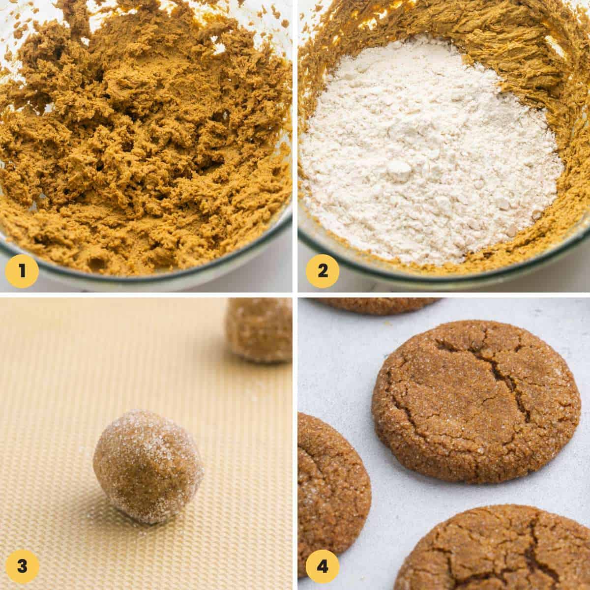 Collage of four images showing how to make gingersnap cookies